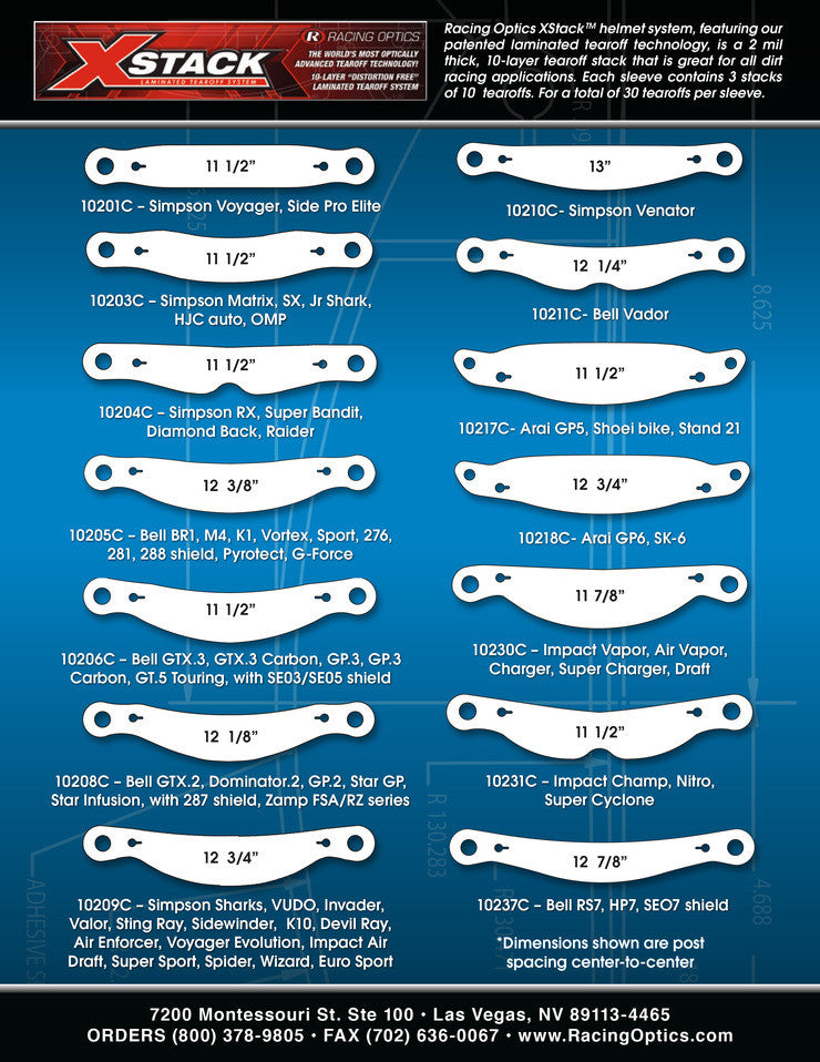 Racing Optics XStack 10 Tearoffs - Simpson Voyager, HJC, Side Pro Elite